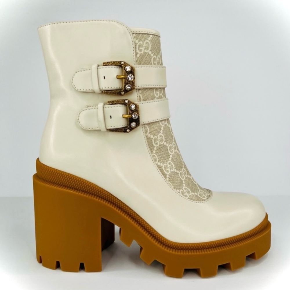 GUCCI Kensington GG Supreme Leather Crystal Buckle Platform Ankle Boots EU 40.5
